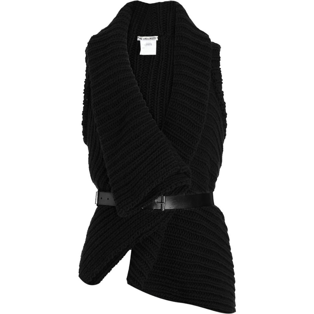 ANN DEMEULEMEESTER • Asymmetric Black Wool Ribbed Fisherman Sweater Vest FR 40 M - Picture 4 of 15